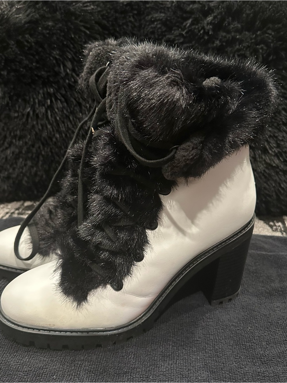 Women’s Black Fur-Trim White Leather Ankle Boots